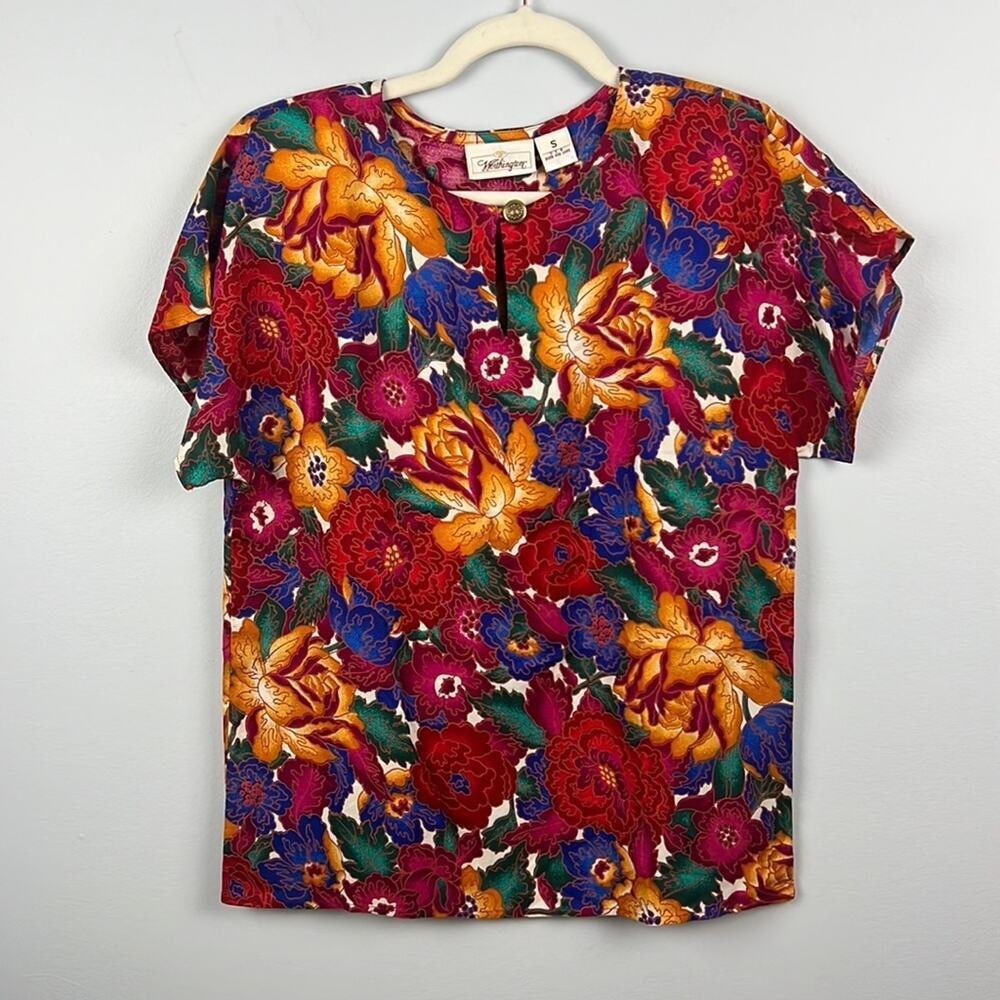 Vintage small tropical floral button neck blouse with shoulder pads